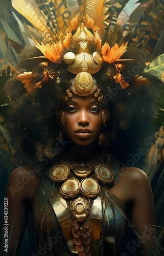 Portrait beautiful futuristic African warrior queen, in golden exotic clothing.