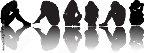 Set of Girls crouching in Depression and sitting alone silhouettes on white background. Vector illustration .Sad and Crying, face in sitting . Over thinking beautiful women in Different Style..