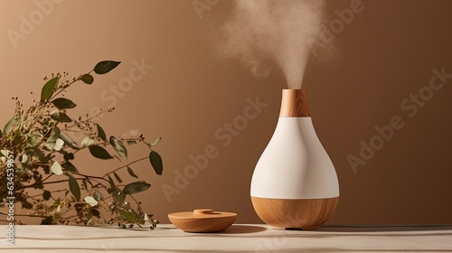 Photographie White and wood essential oil diffuser on tan background