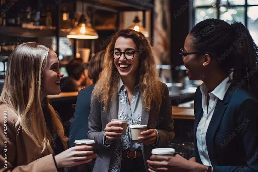 Happy casual business people talking at work break, business people having fun in coffee shop Happy casual business people talking at work break, business people having fun in coffee shop