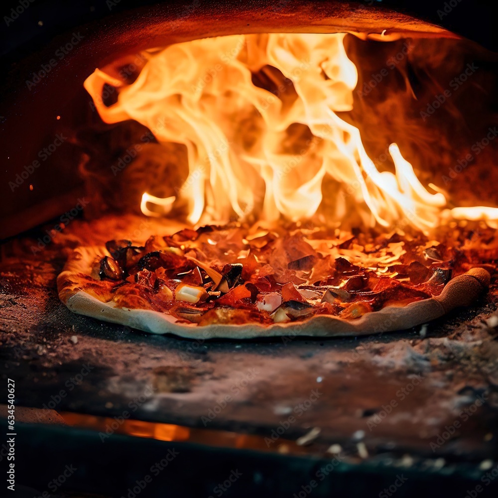 A wood - fired pizza is being cooked in a wood - fired oven