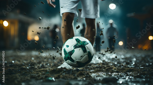 Close up of soccer player kick the ball. Ball on the Grass Field of Arena, Full Stadium of Crowd Cheers. football player kicking the ball with power © AspctStyle
