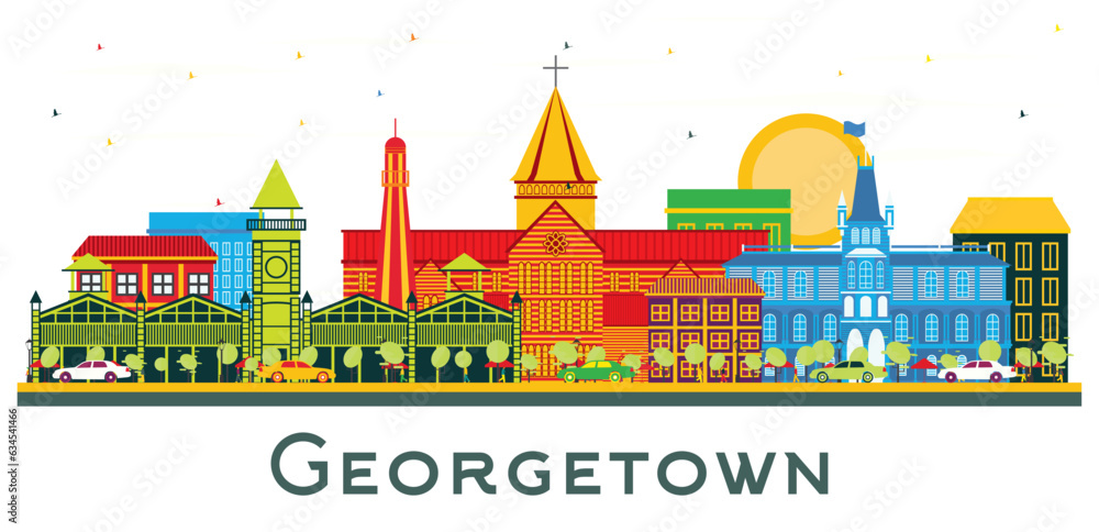 Georgetown City Skyline with Color Buildings isolated on white.