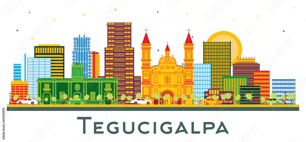 Tegucigalpa Honduras City Skyline with Color Buildings isolated on white.
