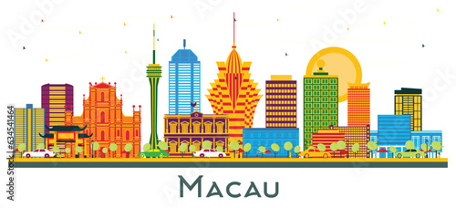 Macau China City Skyline with Color Buildings isolated on white.