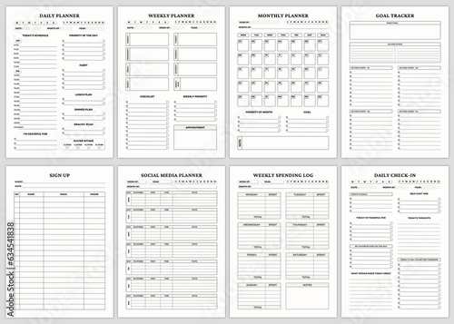 Minimalist planner pages templates . Daily Planner, Weekly Planner ,Monthly Planner, Goal Tracker,
Sign Up, Social Media Planner, Weekly Spending Log, Daily Check-in.