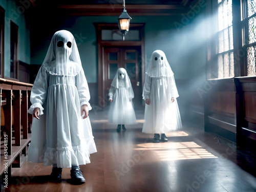 Three Scary Children Ghosts Haunting a House Sun Rays Through Window