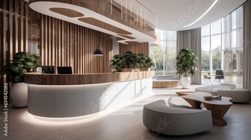 Interior of a hotel lobby with reception desks  Reception counter.