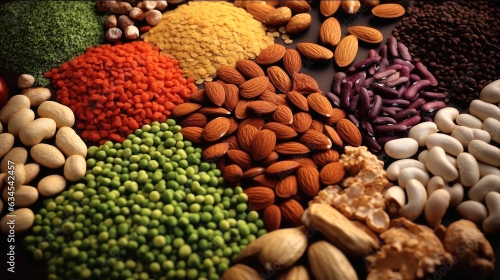 Ingredients for the healthy foods selection, nuts, seeds, The concept of healthy food set up on wooden background.