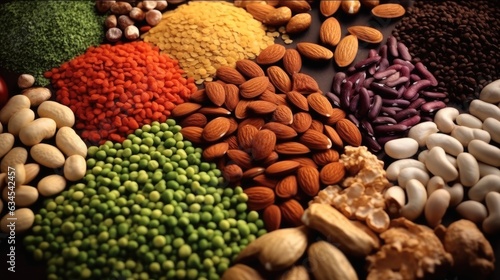 Ingredients for the healthy foods selection  nuts  seeds  The concept of healthy food set up on wooden background.