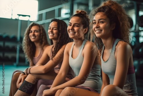 Diverse group of confident young women in sportwear happy and smiling at gym, Groups of multi-ethnic friends training together in the gym