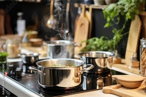 Clean saucepan on a gas stove in kitchen, Kitchen accessories at modern kitchen interior.