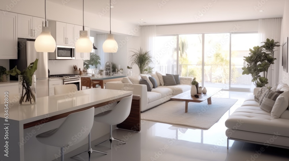 Stylish and upscale interior design merging a kitchen dining and living area, Modern home interior.