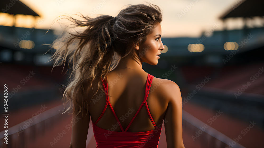 Portrait of beautiful sportive young woman running with blur background