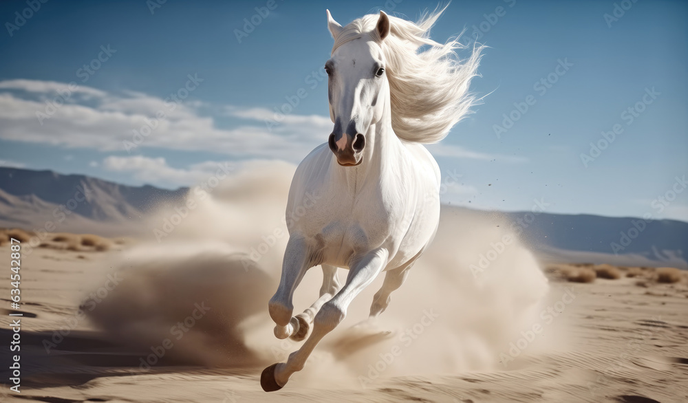 Obraz premium Galloping white horse exudes strength and elegance.