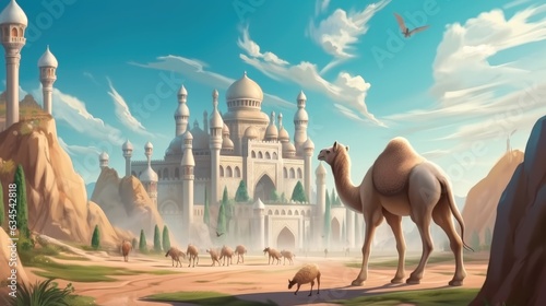 Camel standing on front mosque.