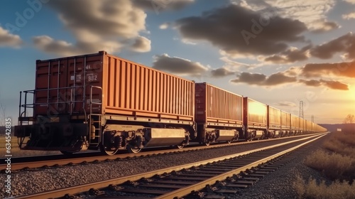 Freight train with containers on train tracks.