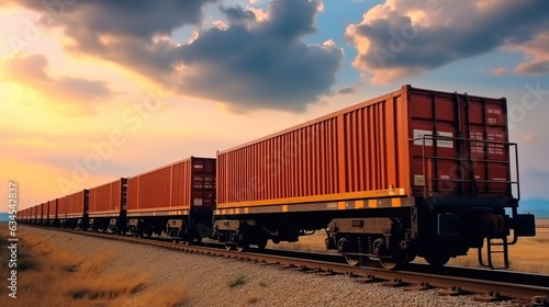 Freight train with containers on train tracks.