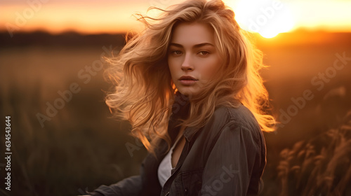 Portrait of pretty curly blonde woman standing in field at sunset. Happy smiling beautiful woman standing in summer sunlight dry grassland