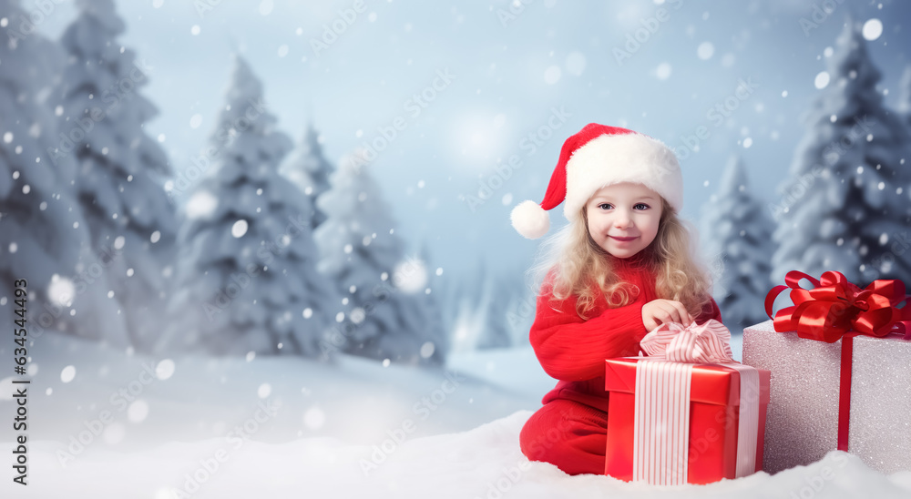 Cute child,girl, gieving luxury gift box present with friendship concepts in snow falling background.happy new year and celebration festival. Cute child,girl, gieving luxury gift box present with friendship concepts in snow falling background.happy new year and celebration festival.