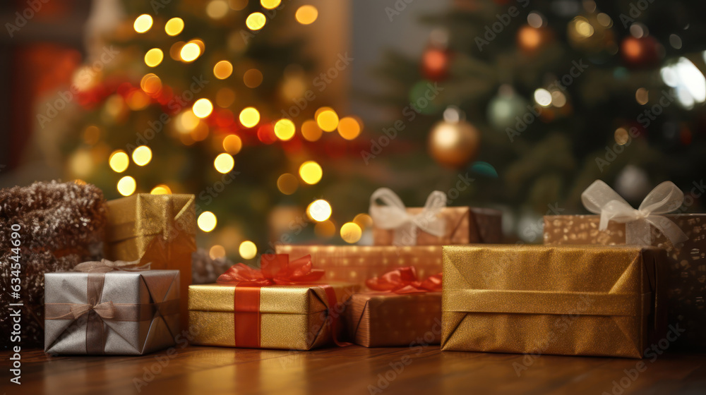 Boxes with New Year's gifts on a festive golden background Boxes with New Year's gifts on a festive golden background