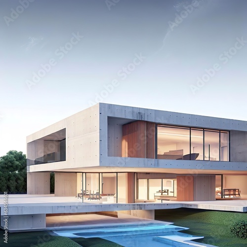 3d rendering of an impressive contemporary villa in exposed cement with garden and pool © Vasile