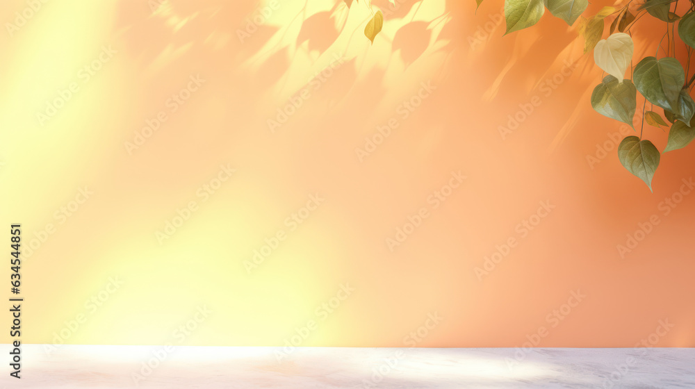 Empty orange light background, wall with soft shadow from leaves Empty orange light background, wall with soft shadow from leaves