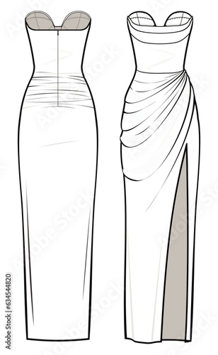 Silk draped bustier High Slit Gown technical fashion illustration. couture dress design template illustration. front and back view. white colour. CAD mockup.