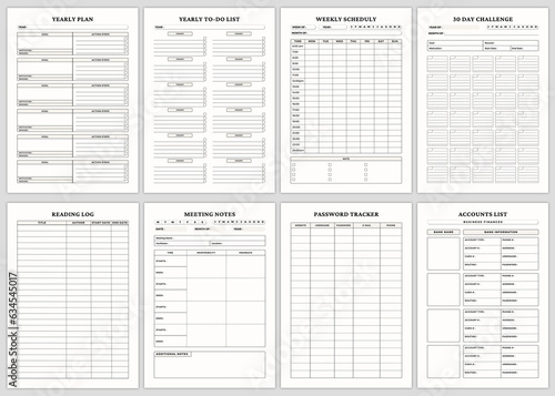 Minimalist planner pages templates. Yearly Plan, Yearly To-Do List, Weekly Scheduly, 30 Day Challenge, Reading Log, Meeting Notes, Password Tracker, Accounts List.