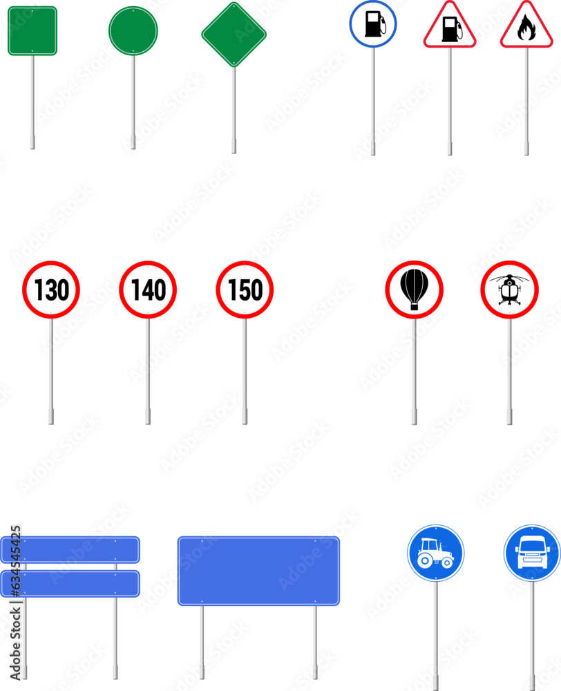 Road traffic signs set. Board blank with place for text. Isolated information direction sign. Vector illustration Road traffic signs set. Board blank with place for text. Isolated information direction sign. Vector illustration