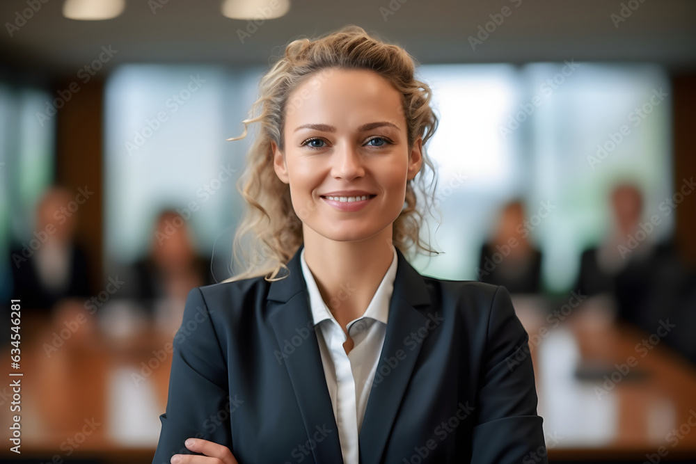 Portrait of young successful professional business woman. Happy confident positive female looking at camera while standing with crossed hands against blurred glass walled illuminated office Portrait of young successful professional business woman. Happy confident positive female looking at camera while standing with crossed hands against blurred glass walled illuminated office