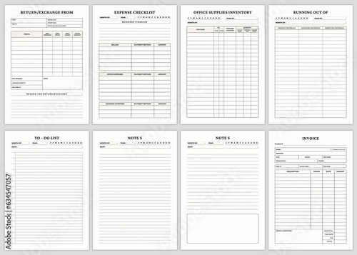 Minimalist planner pages templates. Return/Exchange From, Materials Inventory, Office Supplies Inventory, Running Out Of, To - Do List, Note S, 