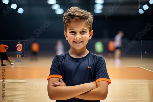 Portrait of happy boy with crossed arms looking at camera while standing in sports hall