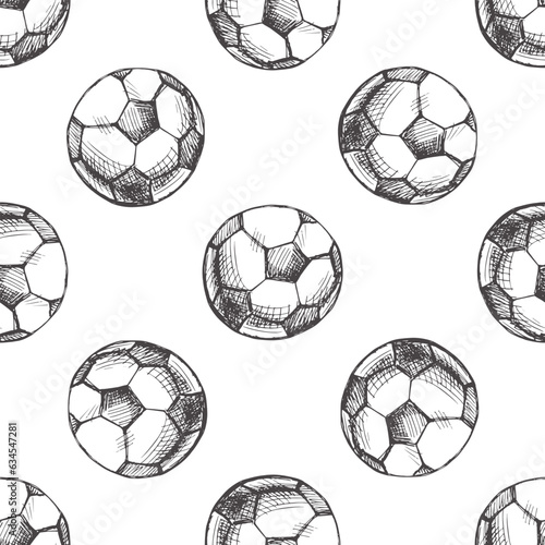 Vector hand-drawn school Illustration. Detailed retro style soccer ball seamless pattern. Vintage sketch drawing  doodle. Back to School.