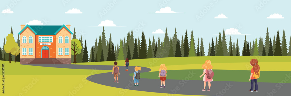 Long horizontal school background. Children are going to school. Vector illustration.