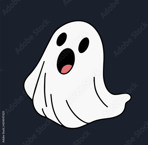 Cute doodle ghost isolated on dark background. Vector illustraiton. Halloween decor.