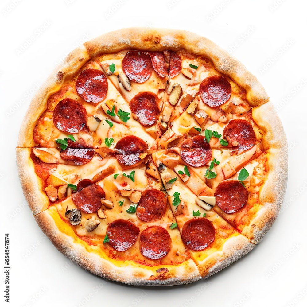 Tasty top view sliced pizza Italian traditional round pizza on white background