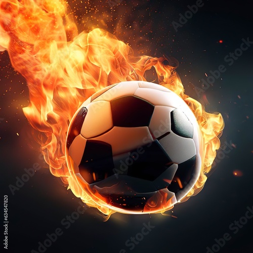 Football ball flying in flames realistic