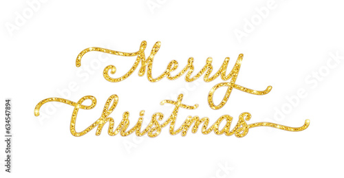 Hand lettering phrase Merry Christmas with graceful wavy lines. Festive inscription with golden glitter texture, isolated on a white background. Vector design template for greeting card and invitation