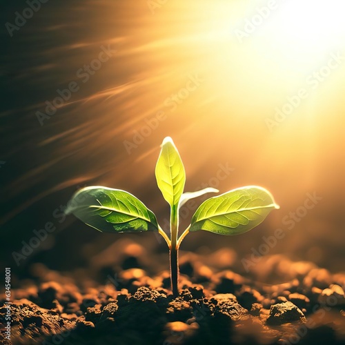 A plant growing in the soil with the sun shining on it