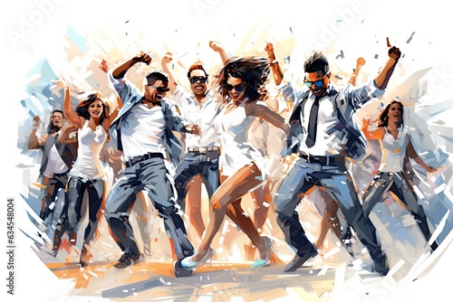 Smiling young adults dancing passionately in vivid light-filled setting.