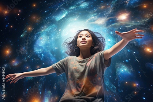 Ethereal voyage through universe. Asian woman bathed in starlight, reaching cosmic sphere.