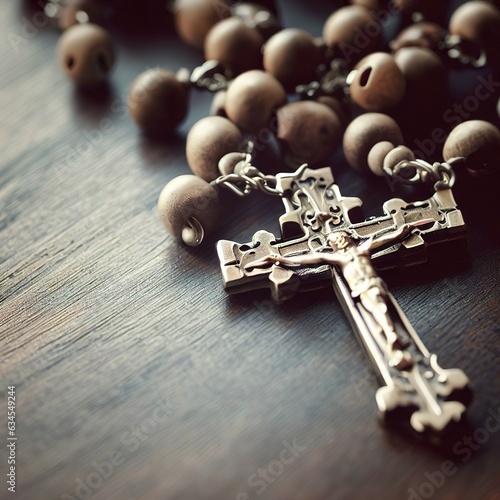 Rosary catholic cross on wooden table photo