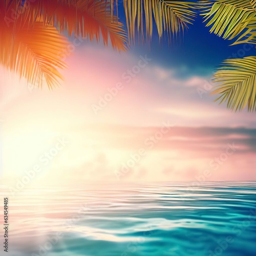 summer sea with leaves palm at sunset and copy space, sky relaxing concept, beautiful tropical background for travel landscape © Erica