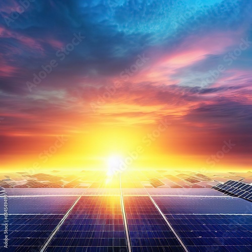 Sunset sky reflects solar panel sustainable power generation