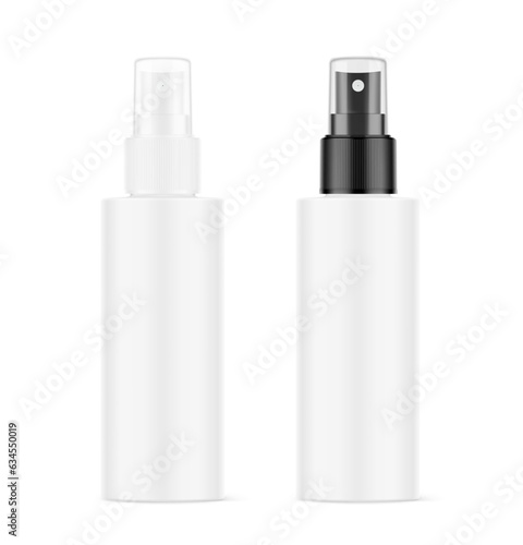 Clear realistic spray bottles mockup with white and black caps. Vector illustration isolated on white background. Сan be used for cosmetic, medical, sanitary and other needs. EPS10.