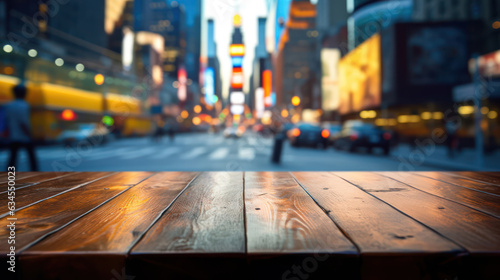 Empty wooden table top with blur background of a street 