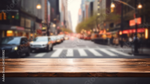 Empty wooden table top with blur background of a street 