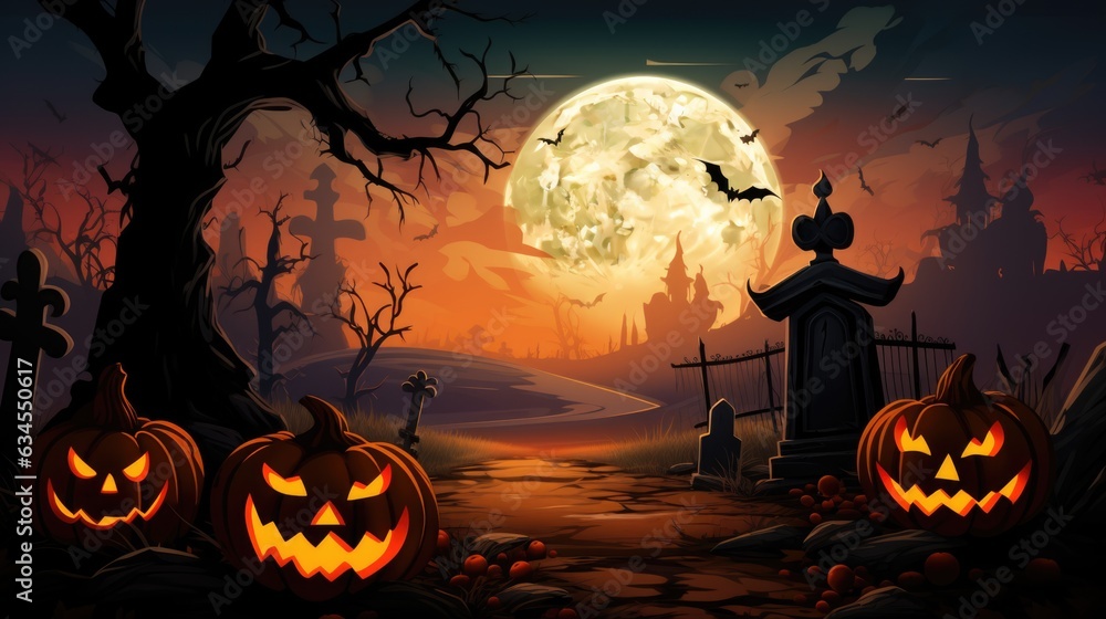 Fototapeta premium Halloween celebration background with pumpkin monster, light, and other decorations. 