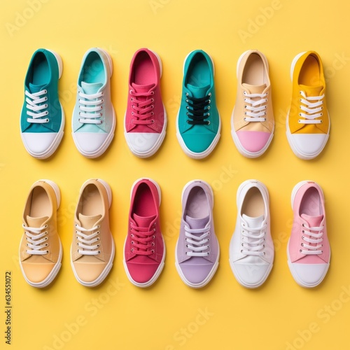 Top view of multicolored summer sneakers on yellow background